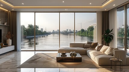 Fototapeta premium The living room with huge panoramic windows and the river outside the window. Living room is in the style of polished surfaces, dark white and light beige. Generative AI.