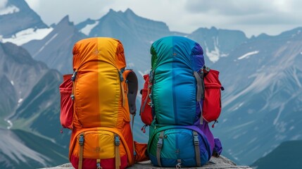two rainbow backpacks against a background of mountains --no text --ar 16:9 --quality 0.5 Job ID: df3f4b37-0b4a-4e33-97e0-5e4ef990ee27