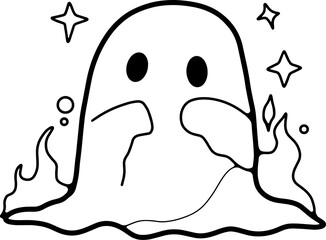 cartoon caped ghost, fun, halloween, line drawing, wear white, coloring book, illustration