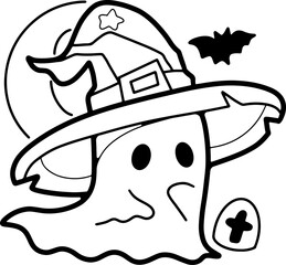 cartoon caped ghost, fun, halloween, line drawing, wear white, coloring book, illustration