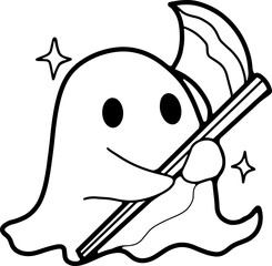 cartoon caped ghost, fun, halloween, line drawing, wear white, coloring book, illustration