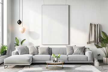 Interior design with modern frame in a living room. Decorative wall style includes white sofa, blank poster, canvas background, and home concept. Studio template with wooden