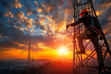 Professional electrician performing crucial maintenance task on a high voltage utility pole