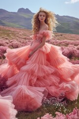 Fototapeta premium A poised woman wearing an elaborate salmon pink dress poses in a field with a mountainous backdrop