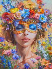An evocative painting of a woman wearing a vibrantly colored floral mask, surrounded by rich florals
