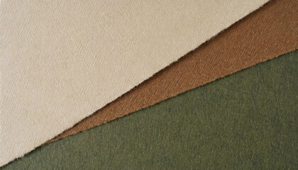 Fototapeta premium Handmade paper texture with beige, brown and green, coarse fibers, speckles, a rough torn edge, rustic, artistic projects.