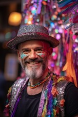 Fototapeta premium A smiling person wearing a glittery hat and face paint at a pride celebration