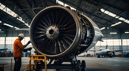 Industrial theme view Repair and maintenance of aircraft engine on the wing of the aircraft.generative.ai