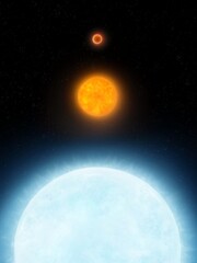 Comparison of stars with different masses. A blue giant star next to the sun and a red dwarf.