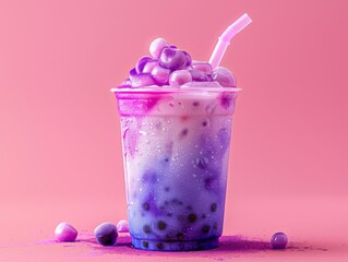 This image showcases a colorful and enticing 3D rendered bubble tea with jelly toppings and boba in a pink and purple setting