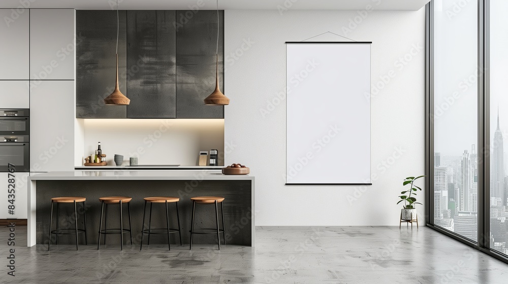 Poster room design interior with a blank wall. poster is empty with white floor up mock banner architecture