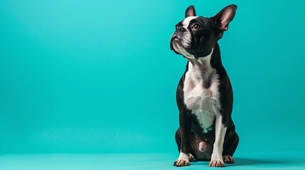 Alert Boston Terrier sitting attentively on a vibrant turquoise background, ready for your attention-grabbing message, Generative AI