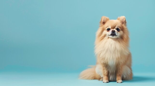Charming Pomeranian sitting daintily on a pastel blue background, providing a serene space for your text overlay, Generative AI