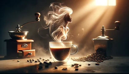 Tasse de café avec de la vapeur formant une danseuse délicate, accompagnée d'un moulin à café vintage et de grains. Une image magnifique pour les amateurs de café