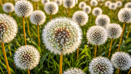 Obraz premium Dandelion background. Densely arranged fluffy perfectly spherical dandelion heads. Warm, soft lighting envelops fluffy landscape with rich, airy glow. Mesmerizing abstract textural landscape.