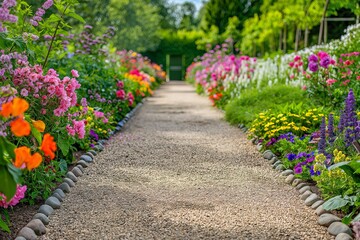 Naklejka premium a charming garden path lined with blooming flowers
