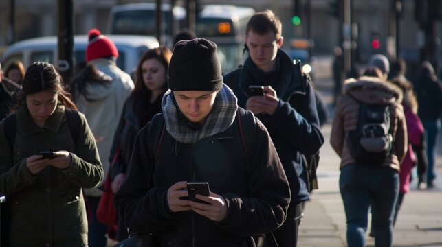 A group of people walk down a busy city street, all focused on their smartphones. This image captures the ubiquitous nature of mobile technology in modern society.