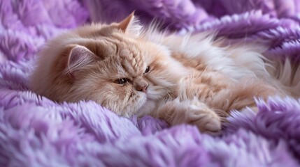 Fluffy Persian cat looking content while resting on a plush purple surface, Generative AI