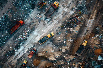 landfill drone : Aerial View of Landfill with Trucks and Bulldozers Managing Waste Disposal     
