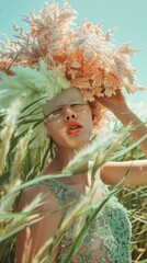 A person posing elegantly with a stunning coral-inspired headdress and a delicate beaded dress