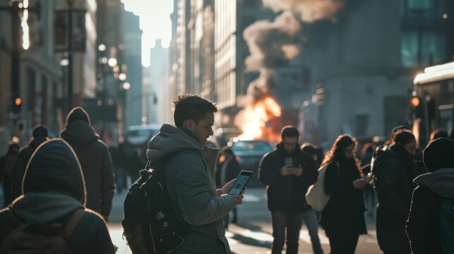 People walk past a burning building, some looking at their smartphones. A large, orange fire blazes in the background.