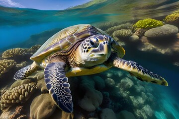Obraz premium An endangered Turtle cruises in the warm shallow waters of the Pacific Ocean