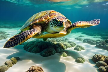 Fototapeta premium An endangered Turtle cruises in the warm shallow waters of the Pacific Ocean
