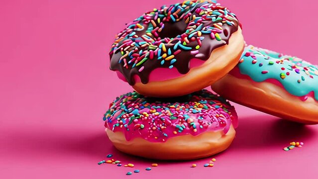 A stack of donuts with a soft pastel-colored topping, on pink background. Delicious donuts with colorful colored glaze. Generative AI