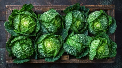 food photography, a rustic composition of whole green cabbage heads arranged in a wooden crate, captured with a wide-angle lens to showcase the natural beauty and symmetry of the vegetables