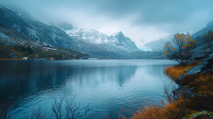 Serene alpine lake with reflections surrounded by snow-capped mountains