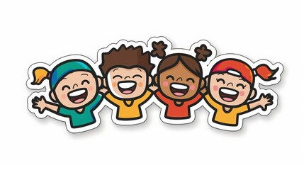 flat sticker design, happy kids, smiling faces, the sticker has thick bold white outline, white background, 16:9