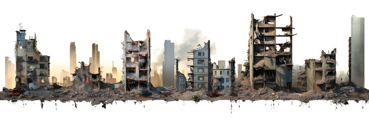 Fototapeta premium Photorealistic skyscrapers in the destroyed city isolated on a white background. Set of post-apocalyptic skyscrapers in different stages