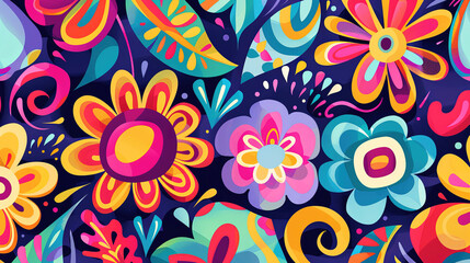 Fototapeta premium Vibrant folk art style background with colorful abstract floral patterns