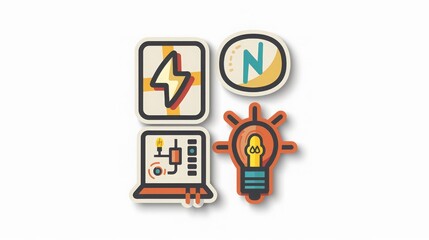 flat design stickers, electricity icon set, white background, 16:9