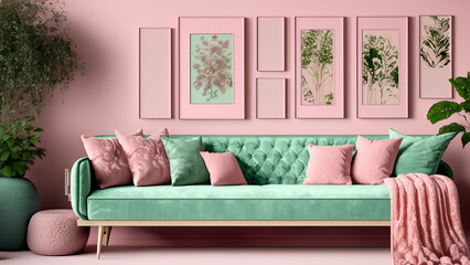 Contemporary living room design featuring four frames on a soft pink wall, a coral L-shaped sofa, and blush mid-century modern chairs.