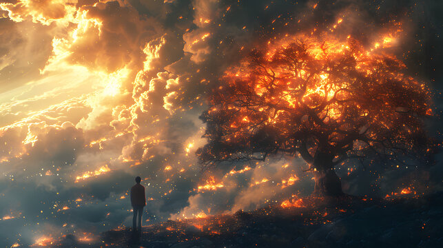 Person standing in front of a burning tree