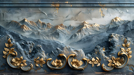 Volumetric stucco molding on a concrete wall with golden elements, italian landscape, mountains