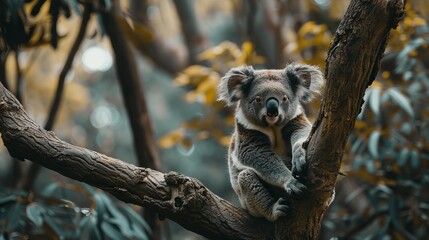 Obraz premium Close-up photo of a koala seated calmly on a tree branch in its natural habitat. The image focuses on the koala's serene demeanor and the peaceful wooded background.