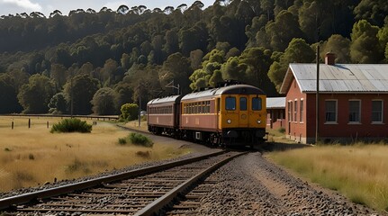Passenger train pulling away from deserted country railway station.generative.ai