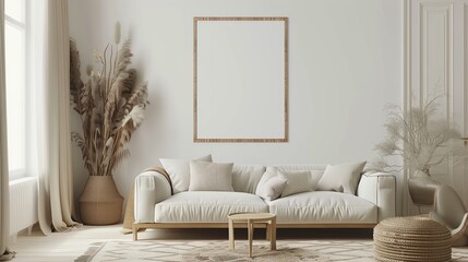 Modern room wall design, white interior with floor. Living home style, poster and decorative furniture frame. Wooden blank canvas background, empty creative template.
