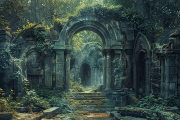 Mystical ancient ruins overgrown with vines in a dense forest setting
