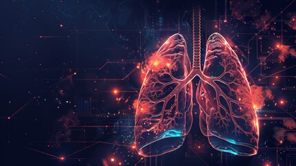 Futuristic digital illustration of human lungs, depicting respiratory system and technology integration. Abstract science medical concept.