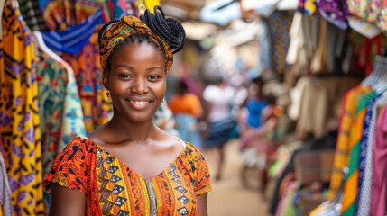 Fototapeta premium Confident fashion-forward Black woman in a vibrant marketplace