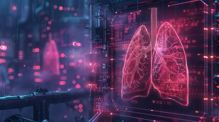 Obraz premium Futuristic digital interface displaying human lungs hologram, concept of modern healthcare technology and innovation in medicine.