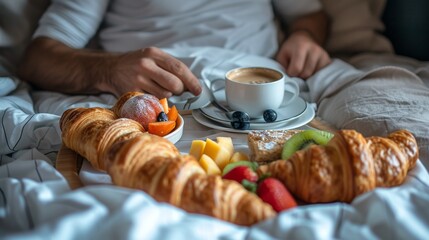 Morning breakfast in bed: Picture of a man enjoying his morning breakfast served in bed, with croissants, fruit and coffee. --no text --ar 16:9 --quality 0.5 Job ID: 7ca4bc0d-5534-47f0-b9cd