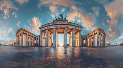 Obraz premium Panoramic view of the historic Brandenburg Gate at sunset in Berlin, Germany