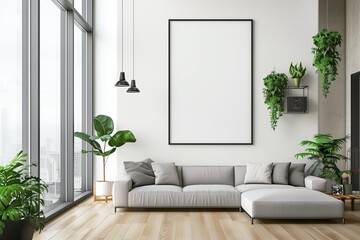 Modern interior room with stylish furniture and wall design. Frame sofa, home decor, and white background. Living with blank poster, scandinavian couch, and apartment wooden
