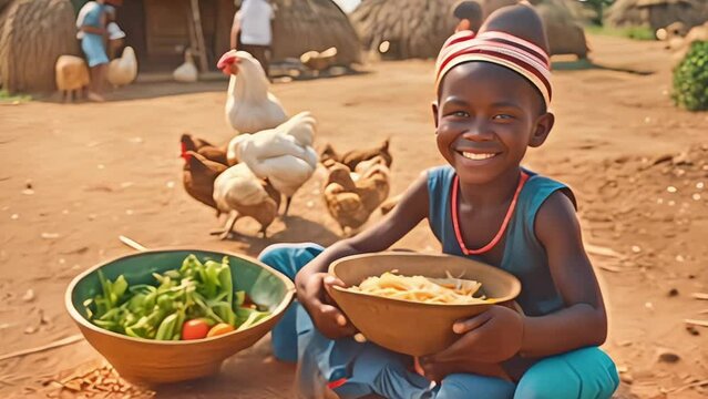 Portrait of happy african kid holding bowl of food