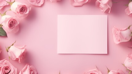 Empty, blank card with rose flower bouquet on peach background