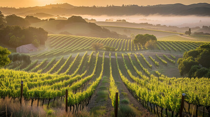 Golden sunrise over misty vineyard with green rows of vines and hills in the background